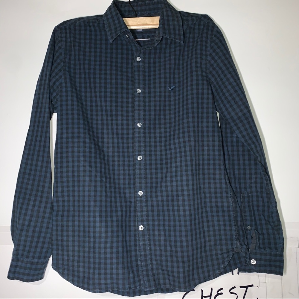 American Eagle Slim Fit Plaid Blue & Black Button